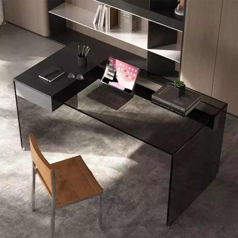 Gaoyangjiaju 53.14 Modern Computer Desk with 3C Tempered Glass Top and Dual-Zone Storage, Sleek Black Minimalist Writing Desk for Home Office