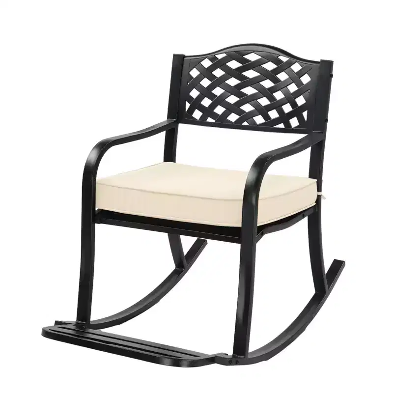 Karl Home | Black Iron Rocking Chair with Mesh Backrest and Off-White Cushion
