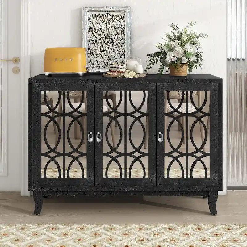 Sideboard with Glass Doors and Silver Handle for Living Room