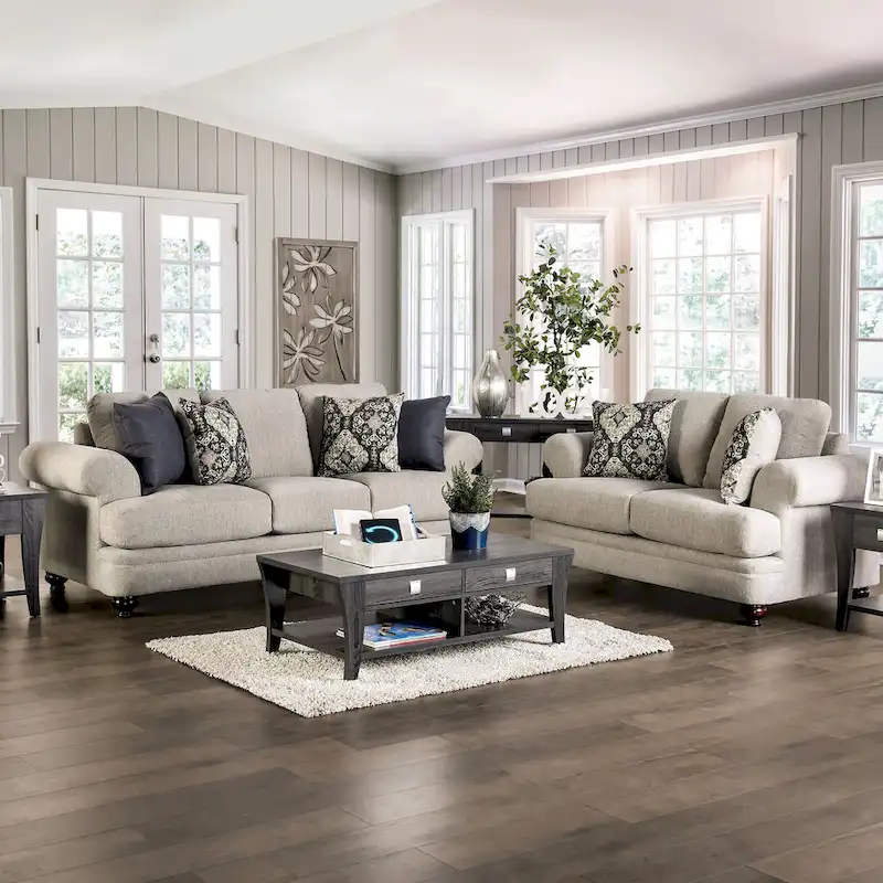 Frane Transitional Beige Chenille Upholstered T-Cushion Sofa by Furniture of America