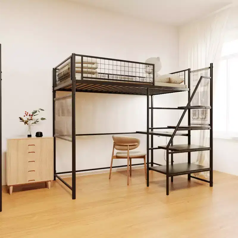 Metal Loft Bed with Desk, Built-in Charging Station and LED Lighting