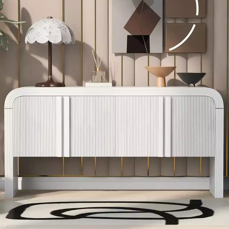 Okak 63IN Modern Curved Console Table, Entryway Table with 4 Doors and Adjustable Shelf, Narrow Console Table for Hallway, Living Room
