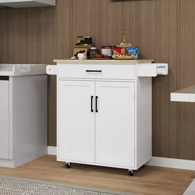 Rolling Kitchen Island Cart with Drawer, Cabinet, Rack and Rubber Wood Top