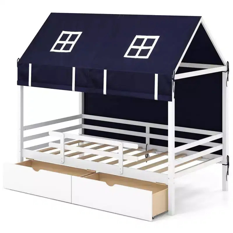 Twin House Bed Solid Wood Playhouse Bed Low Loft Bed with Tent 2 Storage Drawers