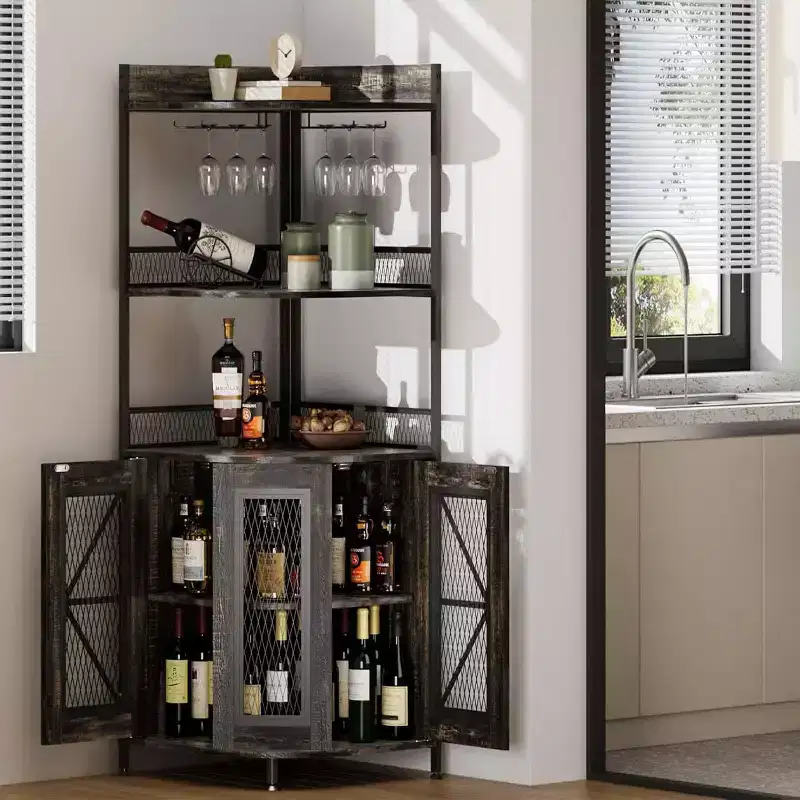 64 Tall Corner Bar Cabinet with LED Strip, 5-Tiers Industrial Bar Cabinet with Power Outlet and Glass Holder, Wine Cabinet for Home Bar, for Home