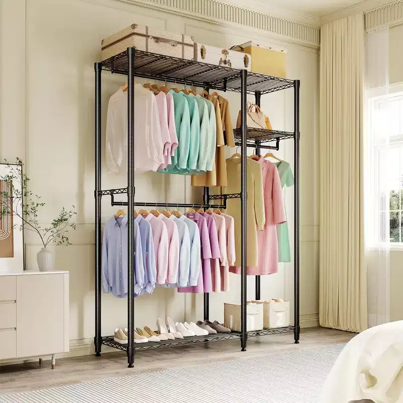 Heavy Duty Clothes Rack 705LBS Portable Closet Organizer with Adjustable Shelves & Hanging Rod, Black