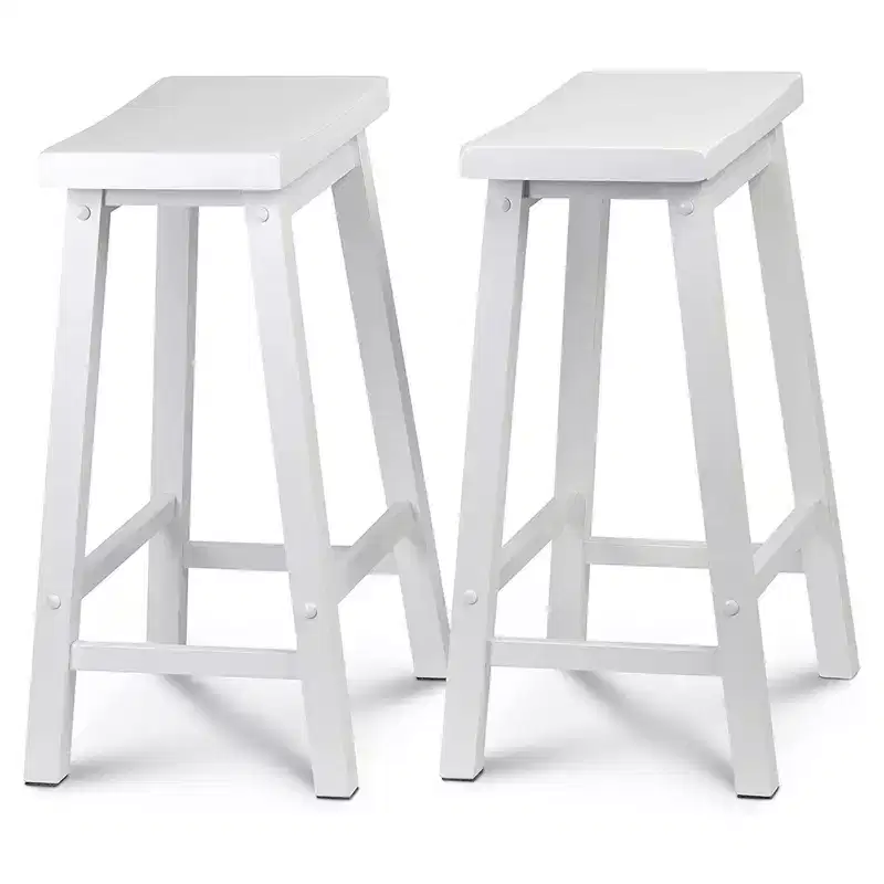PJ Wood Classic Saddle-Seat 24 Tall Kitchen Counter Stools for Homes, Dining Spaces, and Bars w/Backless Seats, 4 Square Legs, White (4 Pack)