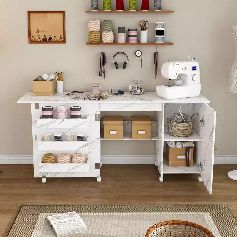 JVNOXK 57.5-inch foldable desk with locking casters, multi-tier storage workbench featuring shelves, storage bins, and cabinetry, white