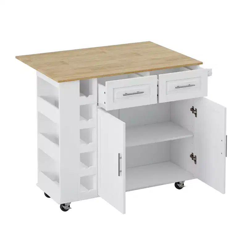 White Kitchen Island Cart with 2-Door Cabinet & 2 Drawers, Foldable Rubberwood Top, Spice Rack & Wine Rack