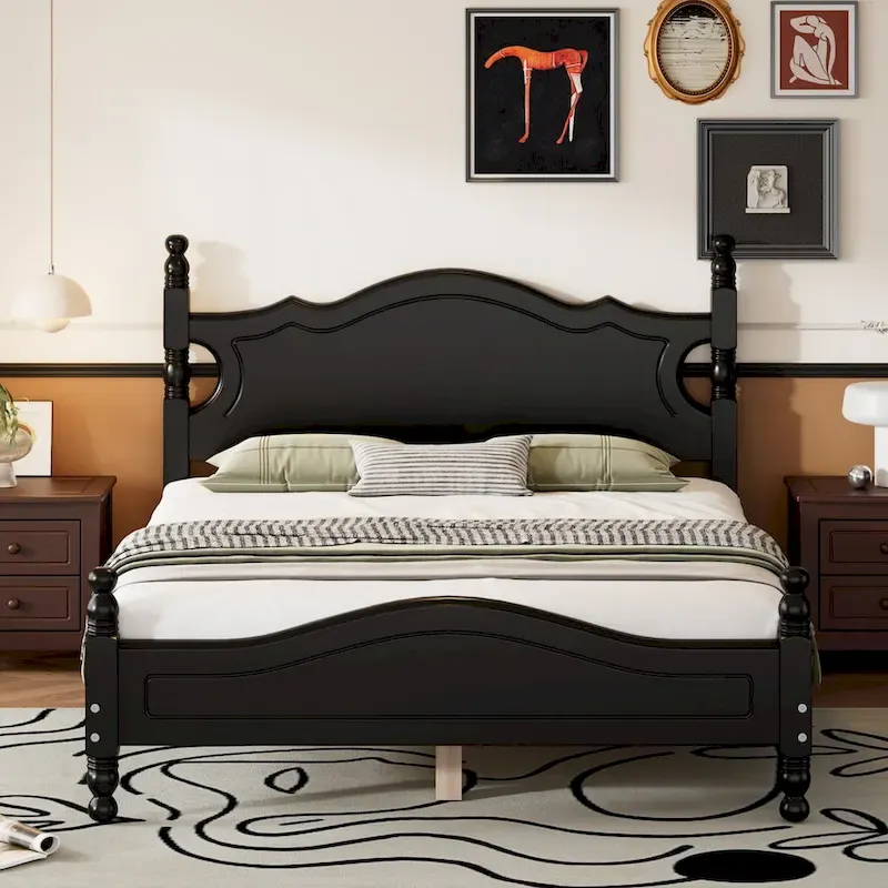 Retro Style Platform Bed with Wooden Slat Support
