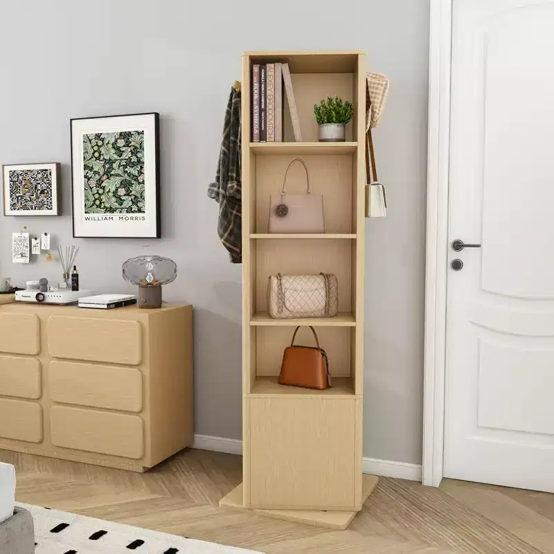 360 Rotating Storage Cabinet with Full-Length Mirror, Rotating Storage Tower with 6 Shelves & Hooks