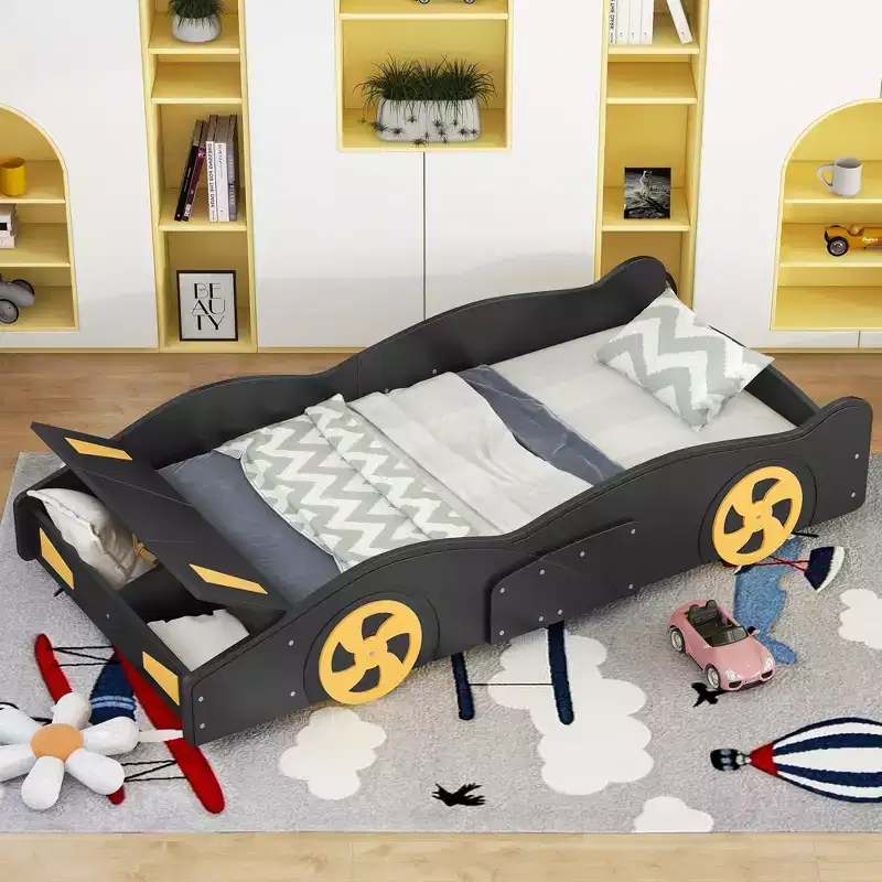 Whisen Race Car-Shaped Platform Bed with Wheels and Storage