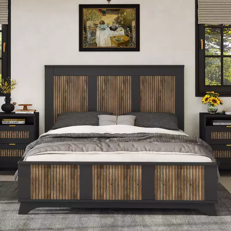 Farmhouse Queen Size Wooden Slatted Platform Bed