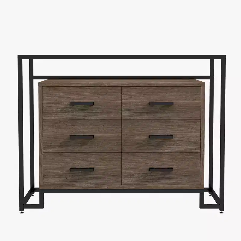 6 Drawers Dresser, Steel Tempered Glass Triamine Board Raised Bottom Six Drawer Storage Cabinet  for Living Room Bedroom