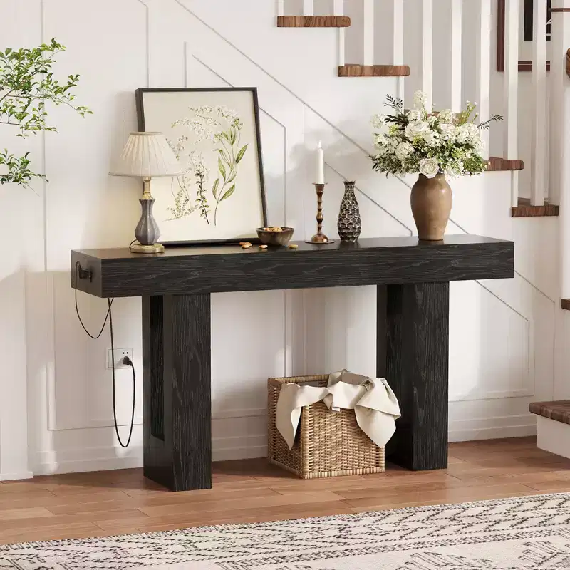 63 Inch Extra Long Sofa Console Table with Power Outlet, USB & Type-C Ports, Slim Narrow Entryway Table for Hallway, Behind Couch or Living Room