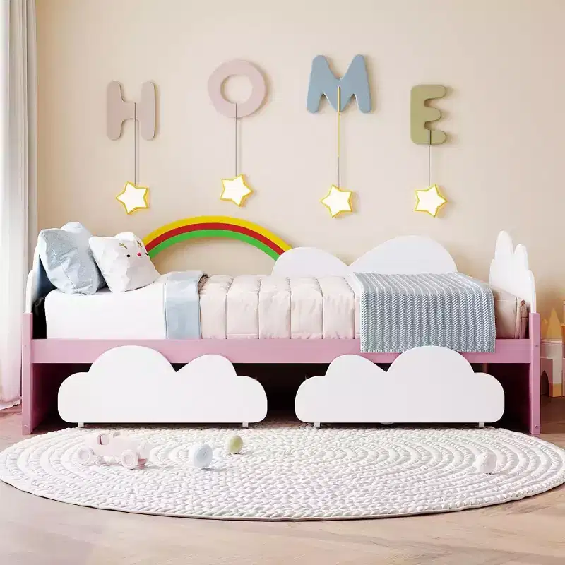 Acekool Kids Twin Platform Bed Frame with Clouds & Sunflower Decor, 2 Storage Drawers, Wood Slats, Fairytale Design, White