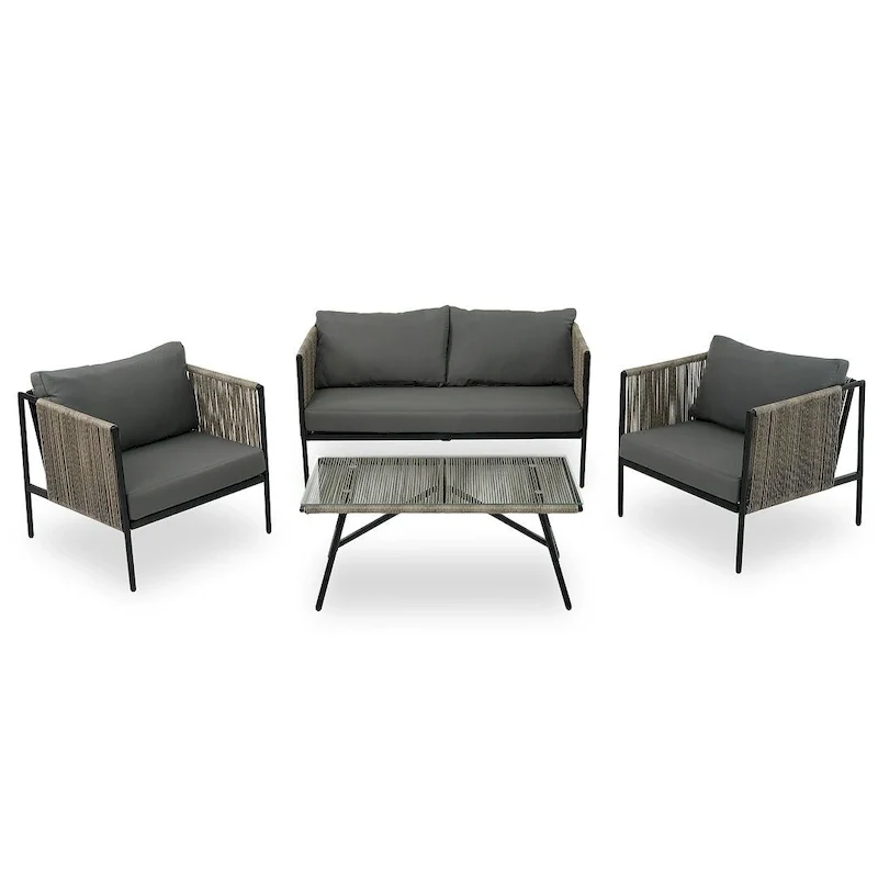 4 PCS Outdoor Rope Patio Set for 4 with Cushions and Glass Table
