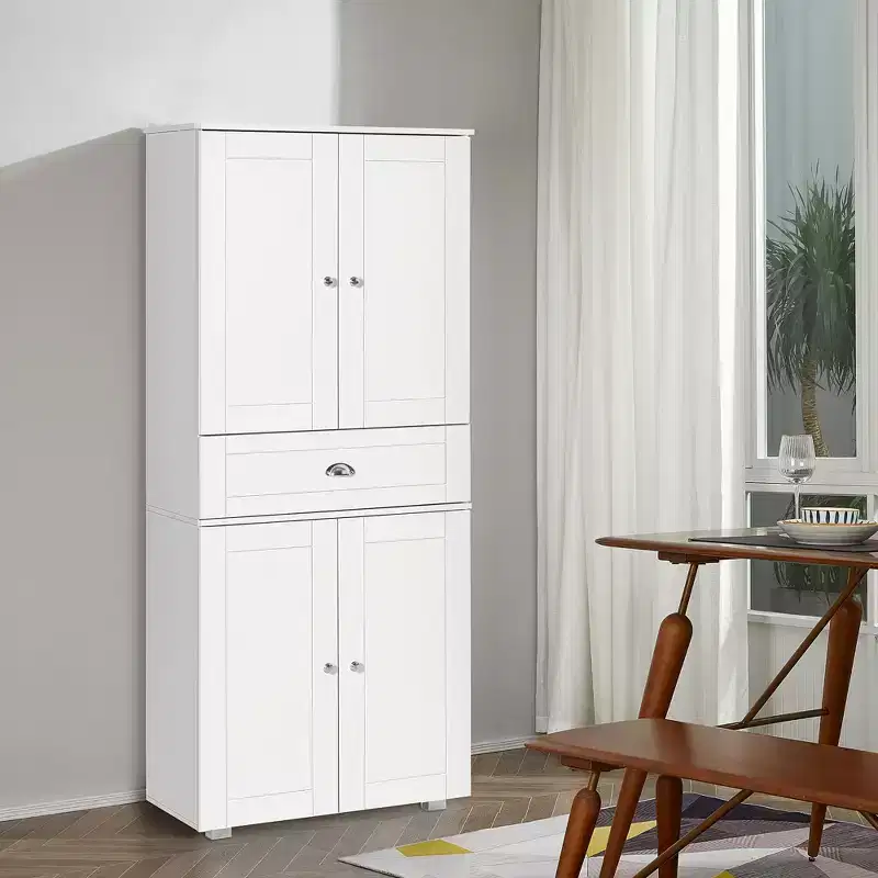 HOMCOM 72 Freestanding Kitchen Pantry Cabinet with 2 Large Double Door Cabinets and 1 Center Drawer, White