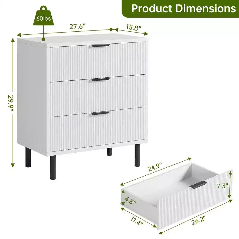 Fluted 3 Drawers Dresser, Wide Wood Chest of Drawers, Modern Storage Dresser Chest of Drawers Organizer with Metal Legs