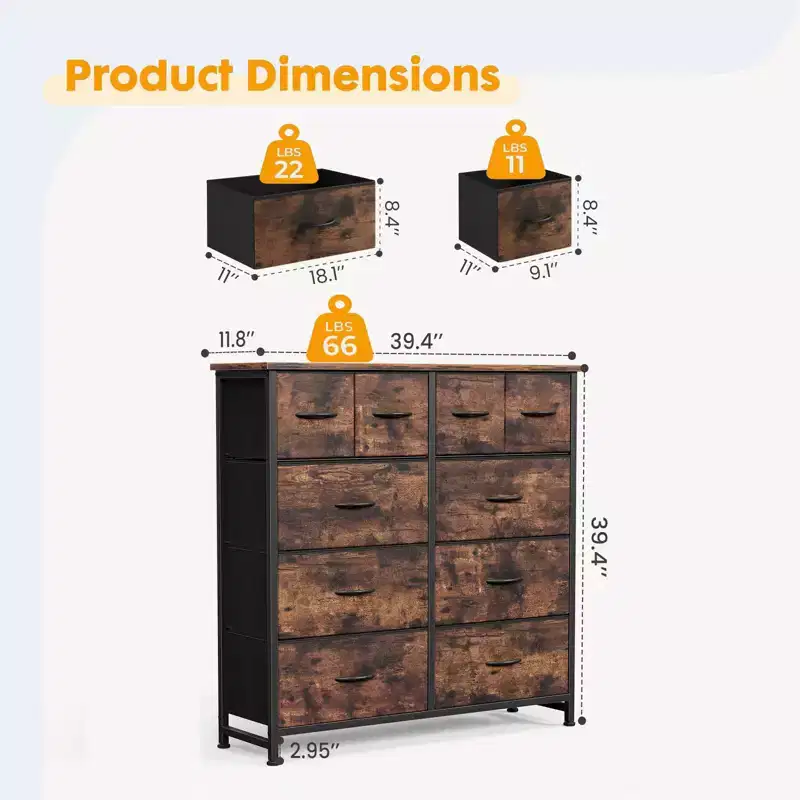 JIONJOY 10-Drawer Storage Cabinet - Easy Assembly Organizer for Bedroom, with Qnti-Toppling Design and Adjustable Feet, antique walnut