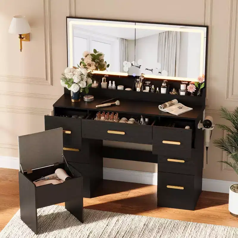 Vanity Desk with Large Mirror and Lights, 45.9In Makeup Vanity Desk, Adjustable Brightness, Power Outlet, 8 Drawers, for Powder Room and Bedroom