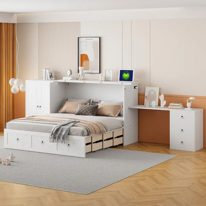 Queen Size Murphy Bed with USB Port, Large Drawer, and Desk