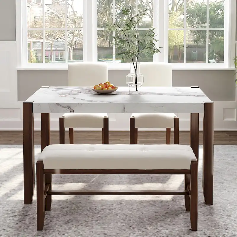 4-Piece Dining Table Set with 2 Upholstered Chairs and Bench