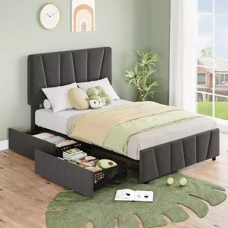 Twin Size Bed Frame with Adjustable Headboard and 2 Drawers, Wooden Slats Support,No Box Spring Needed, Easy Assembly