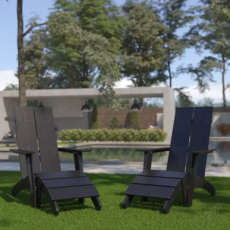 Emma and Oliver Set of 2 Indoor/Outdoor 2-Slat Adirondack Style Chairs & Footrests