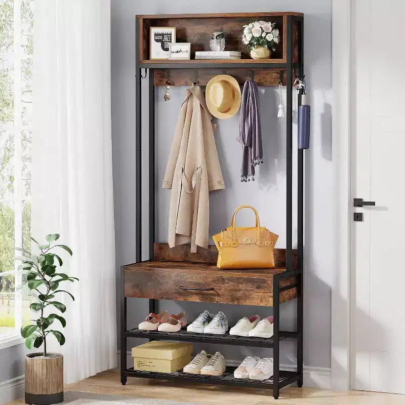 LITTLE TREE Entryway Hall Tree Industrial Coat Rack Rustic Brown