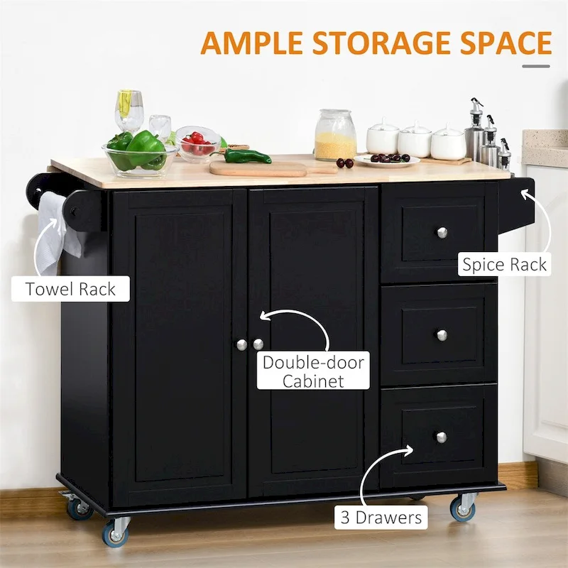 Mobile Wood Kitchen Island with Drawers and Towel Rack - N/A