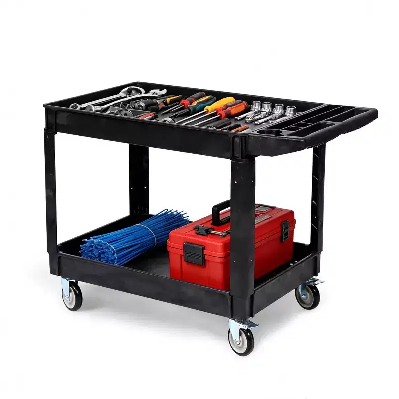 2 Tier Utility Cart with Wheels, 40 x 17 Inch Rolling Service Cart, 550LBS Plastic Tool Cart, Work Benches for Garage, Warehouse, Workshop