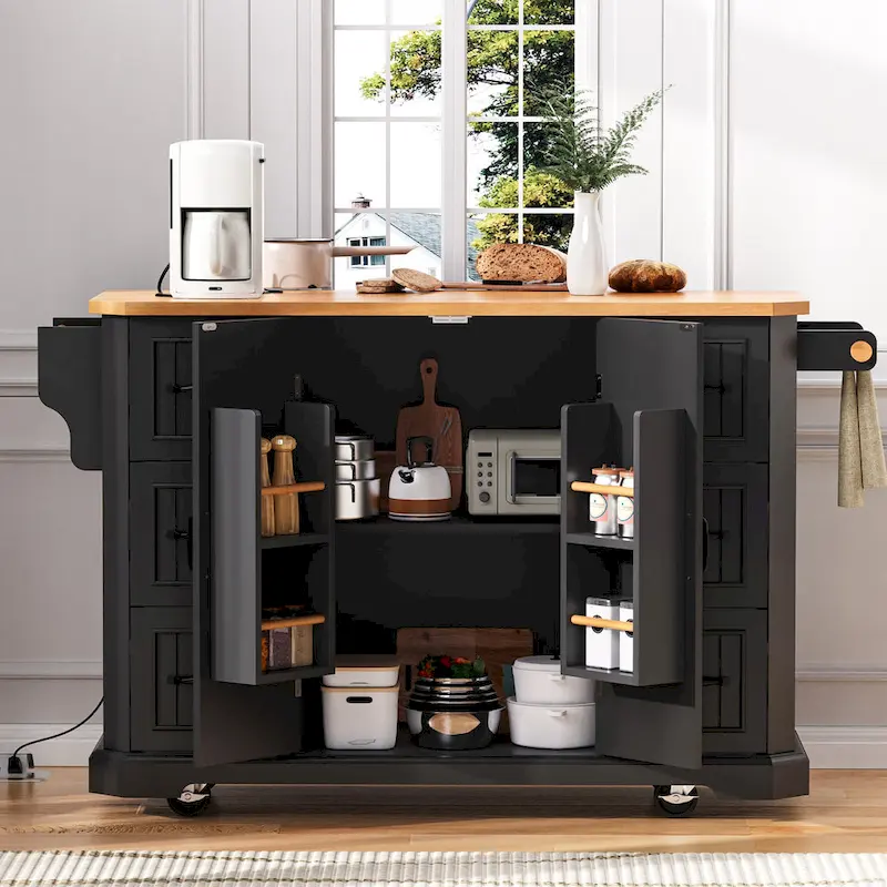 Drop-Leaf Kitchen Island Cart with Drawers – White / Black, 1-Person Use