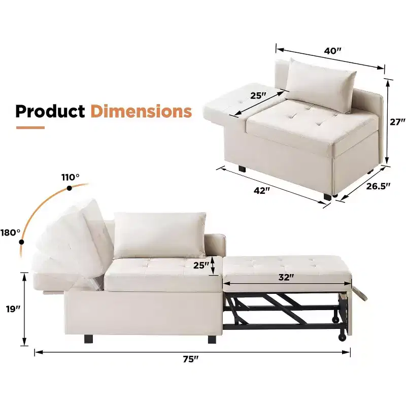 3-in-1 Sleeper Sofa Chair with Adjustable Backrest, Foldable Loveseat, Recliner