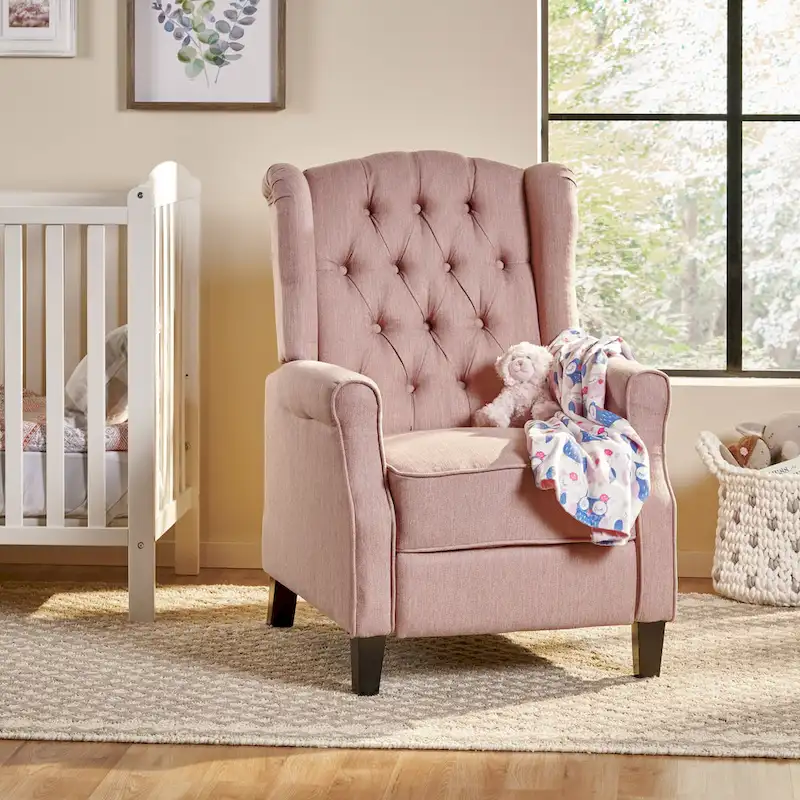 Light Pink / Beige Wingback Push-Back Recliner, Button Tufted, Birch Legs, 1-Seat