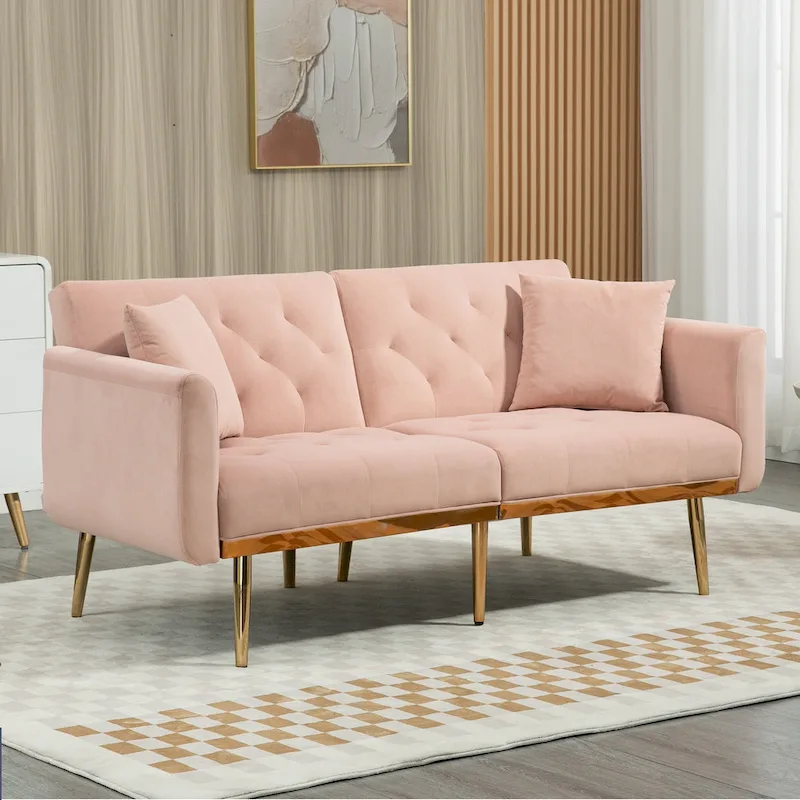 Velvet Upholstered Tufted Loveseats Sleeper Sofa With Rose Golden Legs