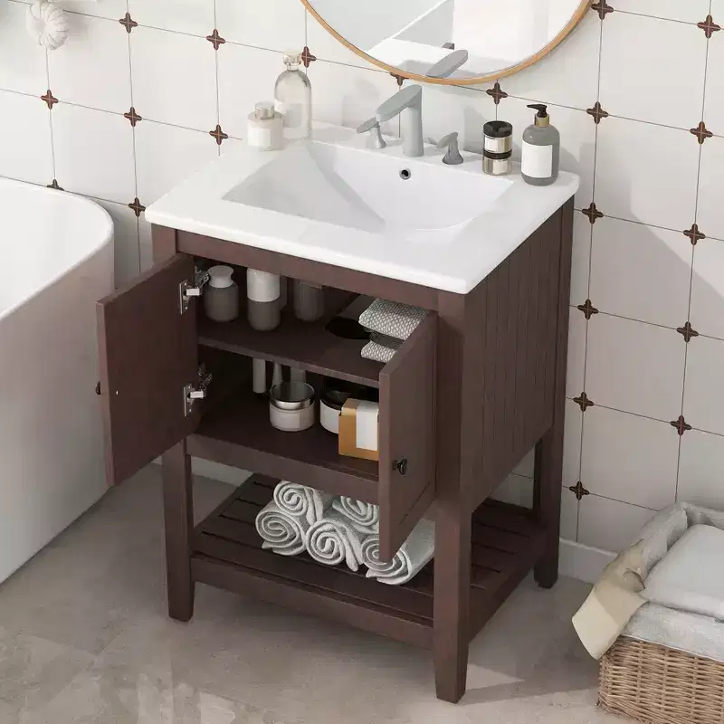 24 Small Bathroom Vanity Sink Combo with Storage , Wood Bathroom Floor Cabinet with Open Shelf
