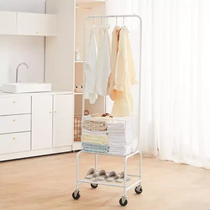 VEVOR Metal Rolling Laundry Basket with Hanging Garment Rack, Height Adjustment Laundry Hamper Cart with Basket Load and Shelf Load