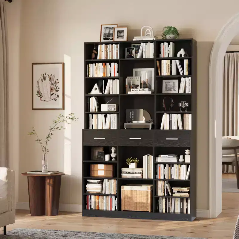 Black/White 9-Tier Bookcase with 3 Drawers, Adjustable Shelves