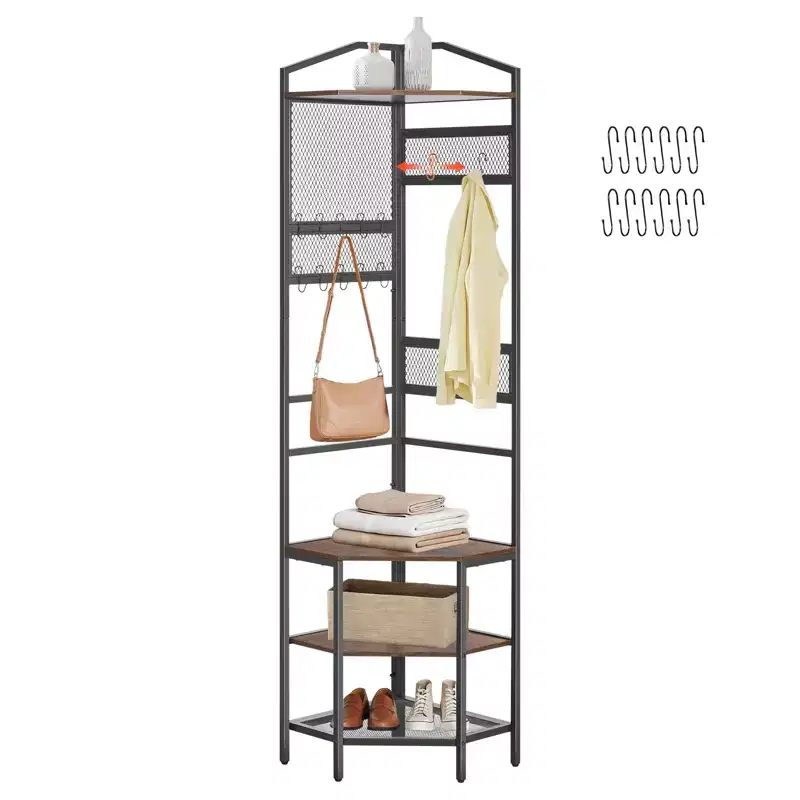 VEVOR Corner Hall Tree, 71.3 in Coat Rack with Hooks, Top Shelf & Steel Frame, Freestanding Clothes Shoes Rack Storage Organizer, Black+Brown