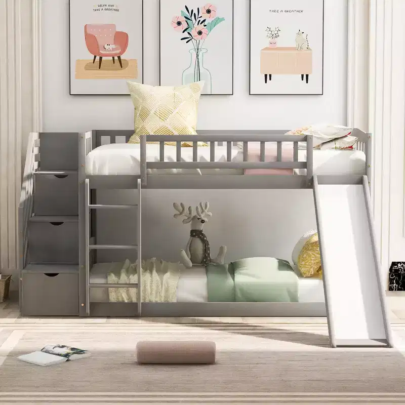Stairway Twin over Twin Bunk Bed with Two Drawers and Slide, White