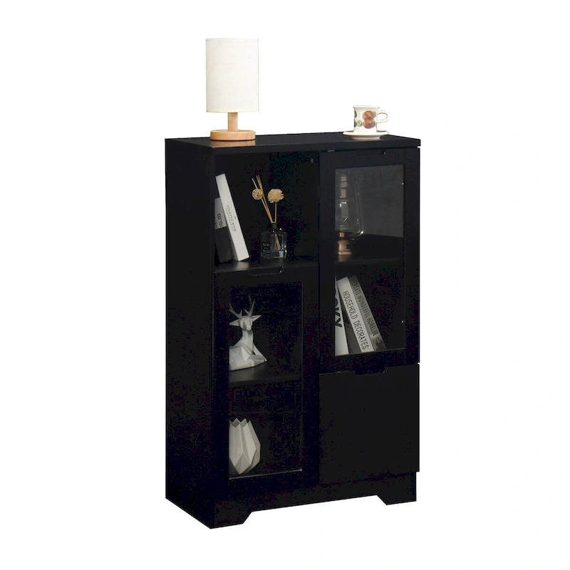 Wooden Floor Cabinet with 2 Glass Doors and 2 Storage Space,Living Room Bathroom Entryway