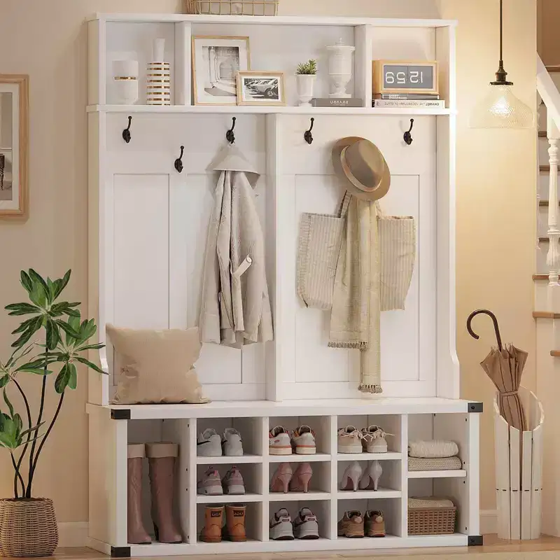 76 Inch Hall Tree with Bench and Shoe Storage, Farmhouse 4-in-1 Entryway Bench with Coat Rack and 6 Hooks, Adjustable Shelf, Mudroom Bench