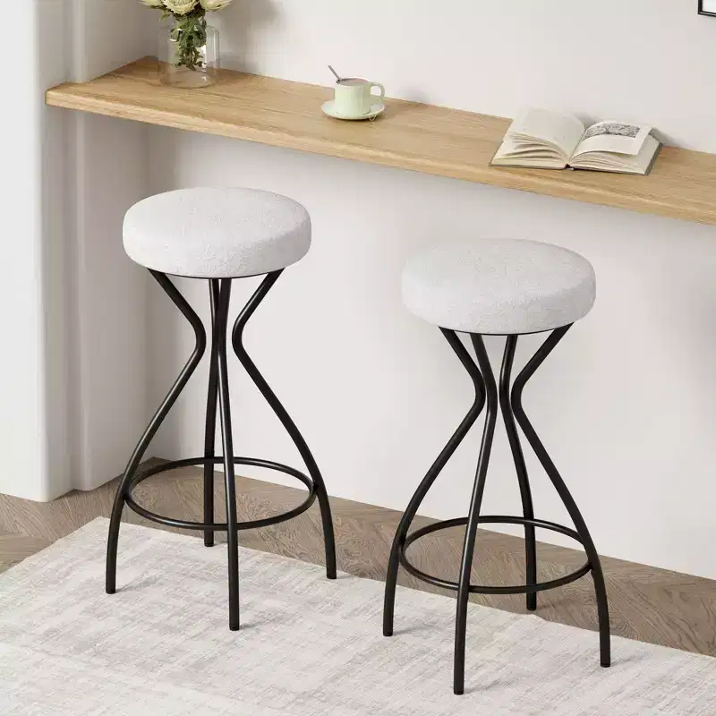 29'' Floral Print Bar Stools - Upholstered Round Barstools with Footrest for Kitchen/Dining (Black & White)