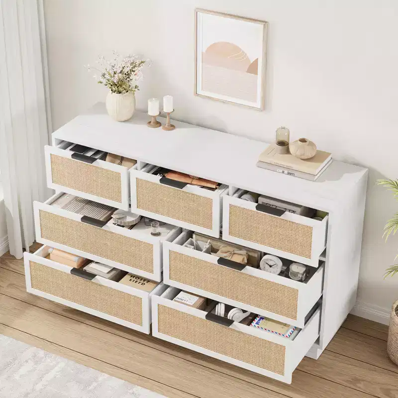 Rattan 7 Drawer Dresser, 55in Wide White 7 Chest of Drawers with Metal Handles and Wooden Sturdy Base for Bedroom Living Room Nursery Closet