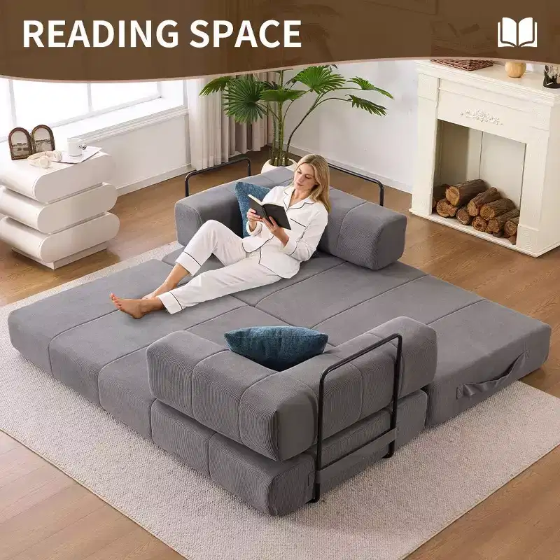 Convertible Sofa Bed, Corduroy Floor Couch Sleeper with 2 Pillows & Metal Arms, High-Density Foam Guest Bed, Gray