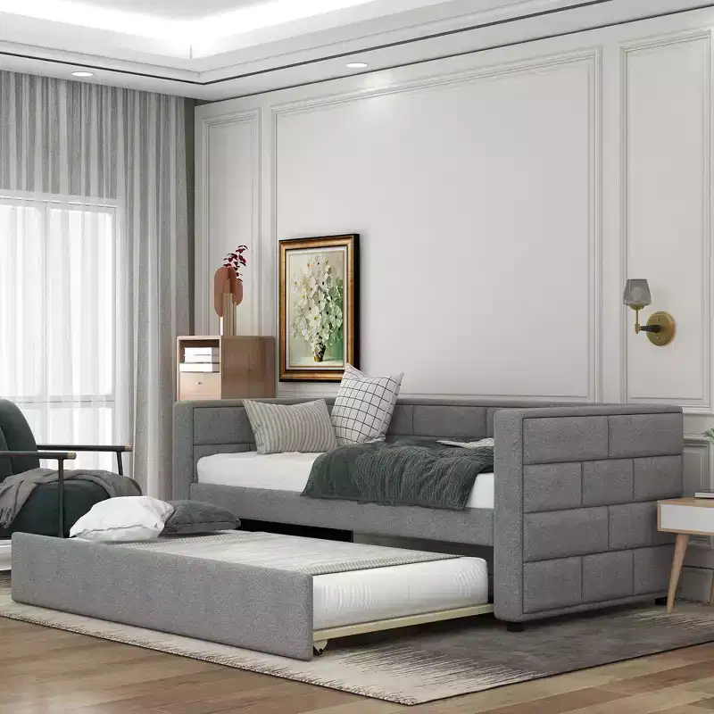 Twin Size Daybed with Trundle Bed and Padded Back, Gray-ModernLuxe