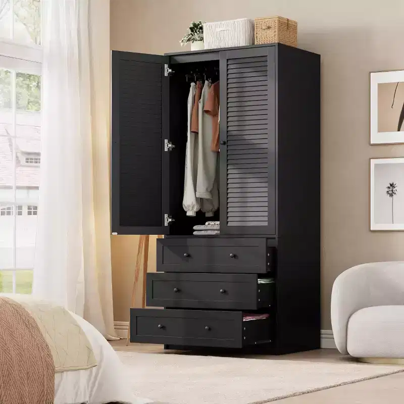 Armoire Wardrobe with Hanging Rod and Drawers, 2-Door Tall Wood Storage Cabinet for Bedroom Organization, Natural Finish