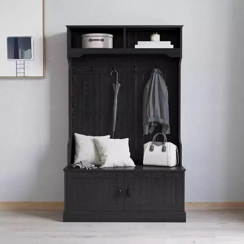 Hallway Tree with Bench Seating, 4 Double Coat Hooks, Upper Storage and Double Door Under-Bench Cabinet
