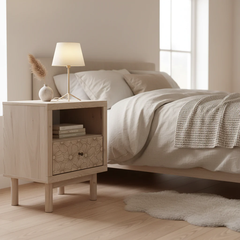 1-Drawer Kids Nightstand with USB Charging Port in Light Oak with Floral Accent Drawer
